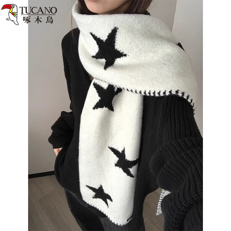 啄木鳥2025年新款缝边星星围巾女冬季氛围感百搭保暖针织围脖学生