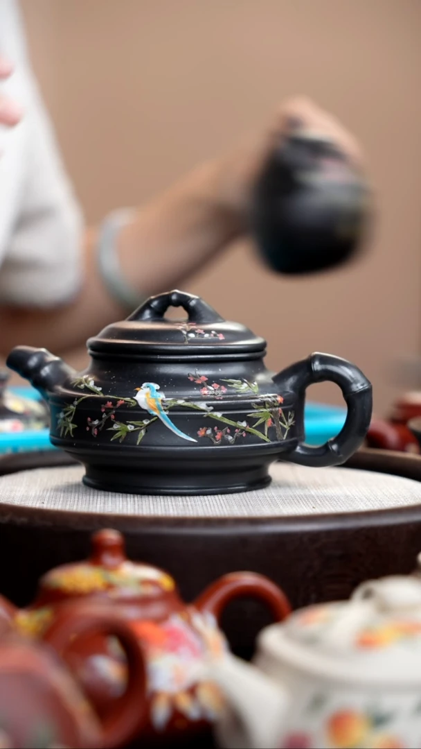 茶壶紫砂云雾天青双线竹鼓泥绘花鸟