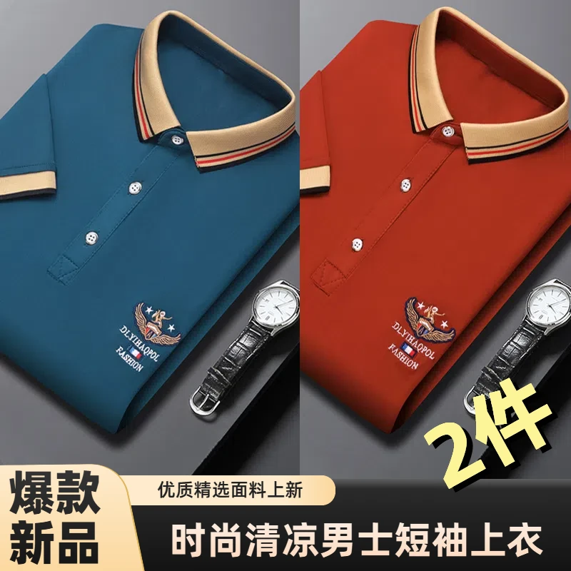 2件装/2025夏季清爽时尚透气冰感T恤衫男士商务休闲翻领POLO衫