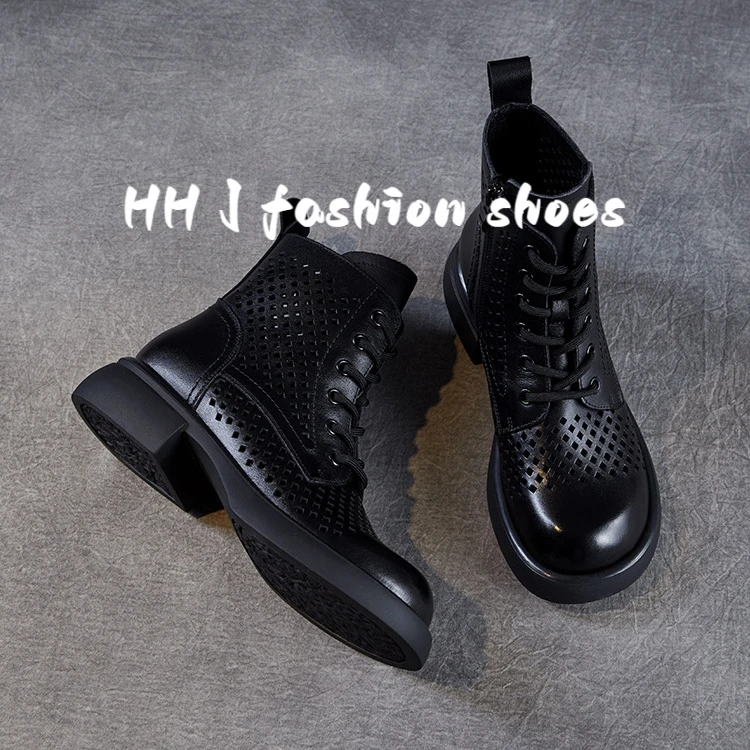 头层牛皮镂空马丁靴女2025夏季新款透气凉靴真皮洞洞靴显瘦廋靴子