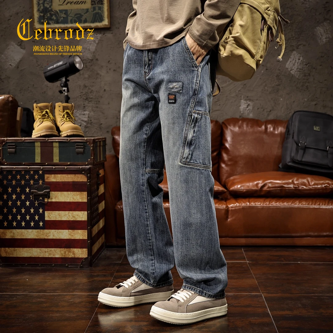 法国Cebrodz美式潮牌复古工装牛仔裤痞帅嘻哈宽松百搭直筒阔腿裤