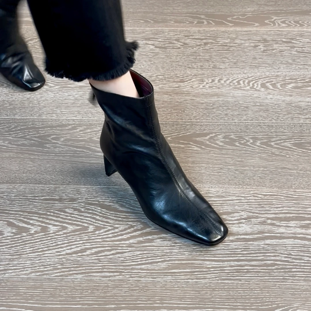 5.5CM头层水洗牛皮法式方头瘦瘦靴粗跟秋冬气质短靴高跟时尚鞋