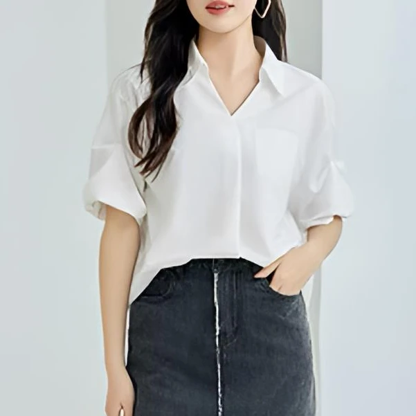 F962-【朝】不规则开叉宽松白色翻领衬衫#ZZH56S001