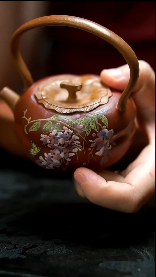 茶壶紫砂紫藤花柿子提梁壶