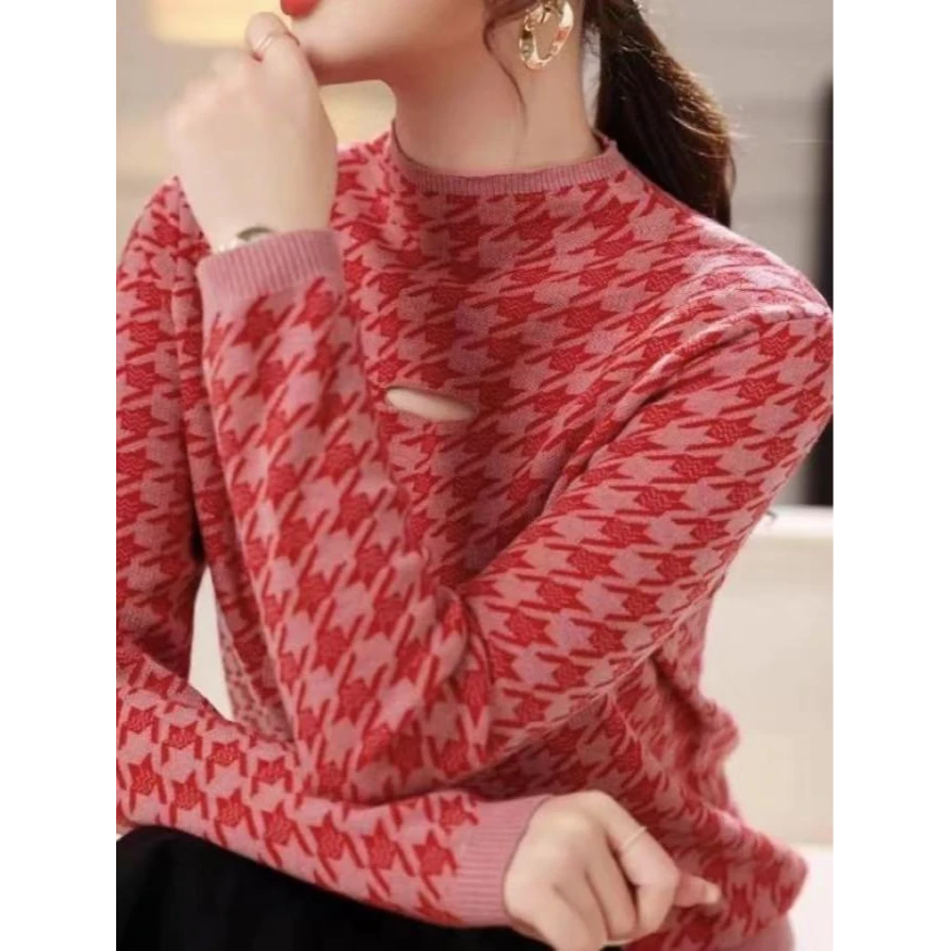 普拉那  481  半高领千鸟格半高领百搭气质显瘦针织衫