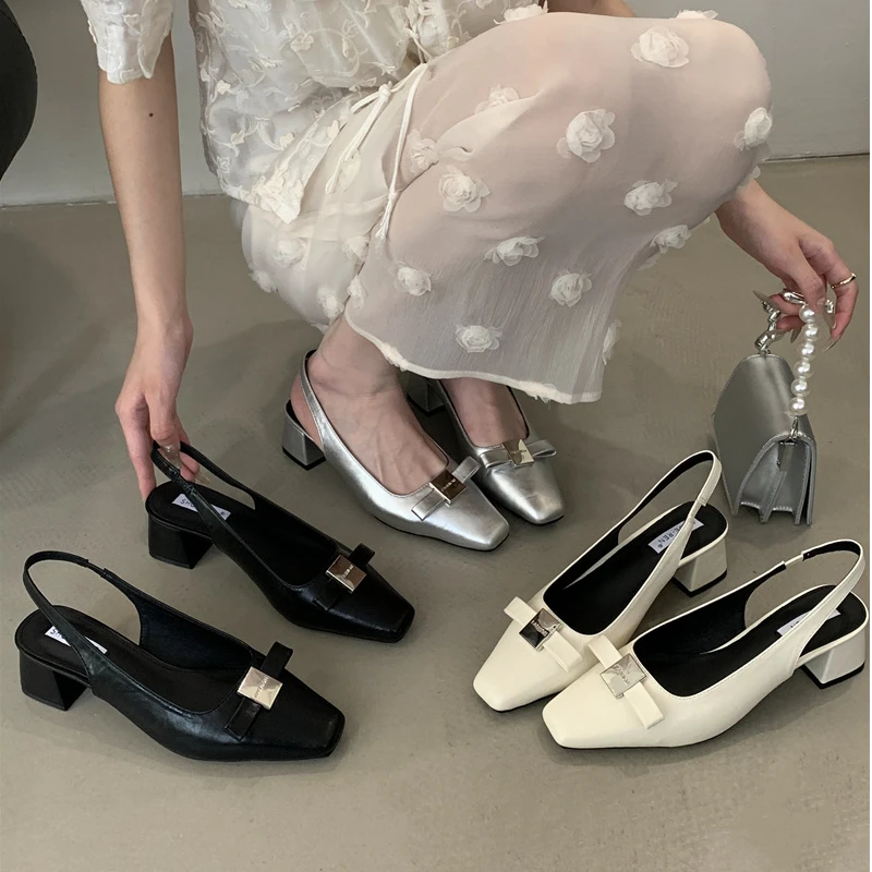 法式中跟温柔晚晚鞋包头凉鞋仙女鞋子2025夏季搭配裙子蝴蝶结单鞋