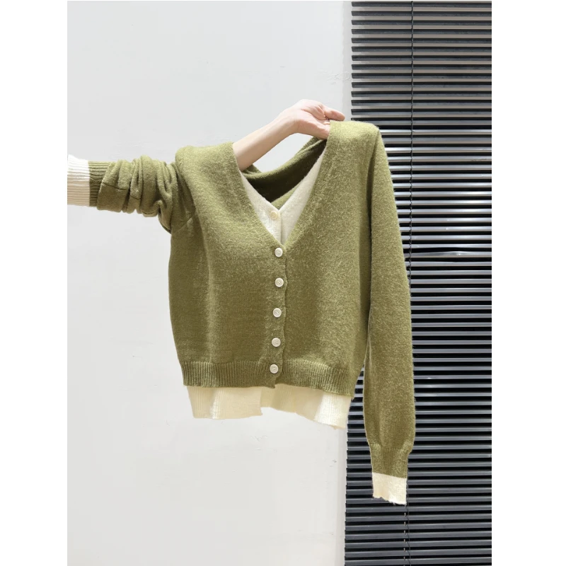 假两件撞色V领拼接长袖毛衣女2025秋冬新款开衫外套宽松慵懒上衣