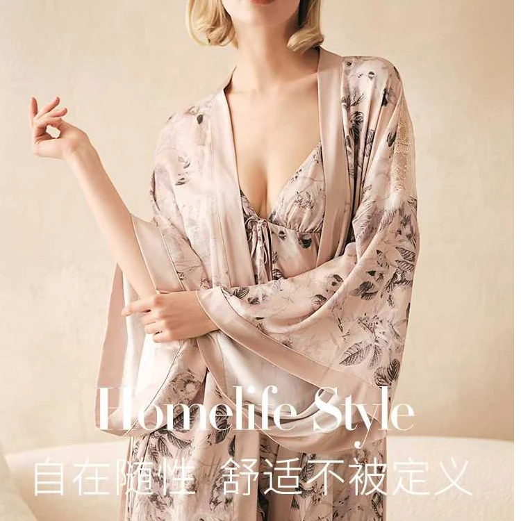 JJ28058墨雅花卉吊带三件套装睡裙长袖和服蕾丝睡袍丝滑柔软日系