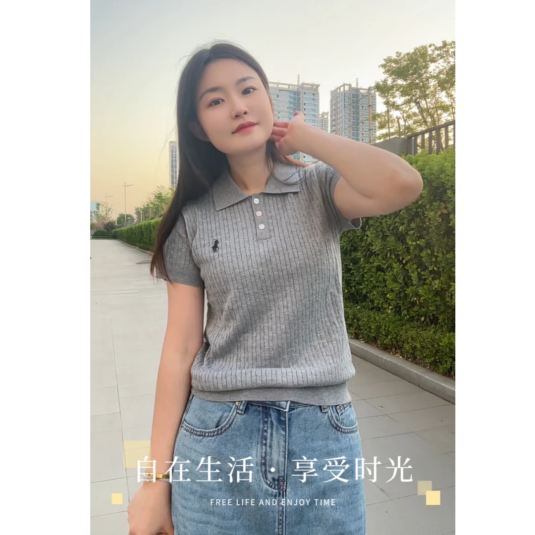 1 新款POLO领小马刺绣螺纹收编绞花针织T恤