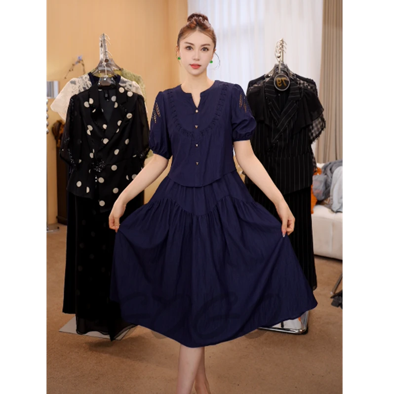 G6881高级木耳花边纯色礼服连衣裙2025夏季新款假俩件裙子