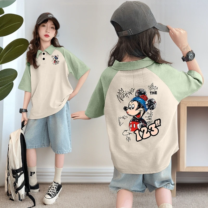 女童撞色纯棉短袖t恤2025夏季新款Polo衫上衣女中大儿童洋气翻领