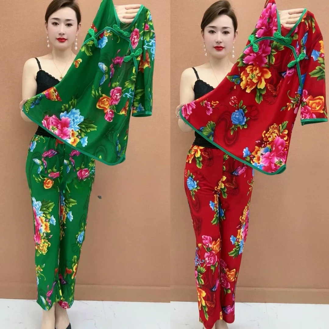 夏季新款妈妈装短袖套装东北大花民族风冰丝休闲两件套舞蹈演出服