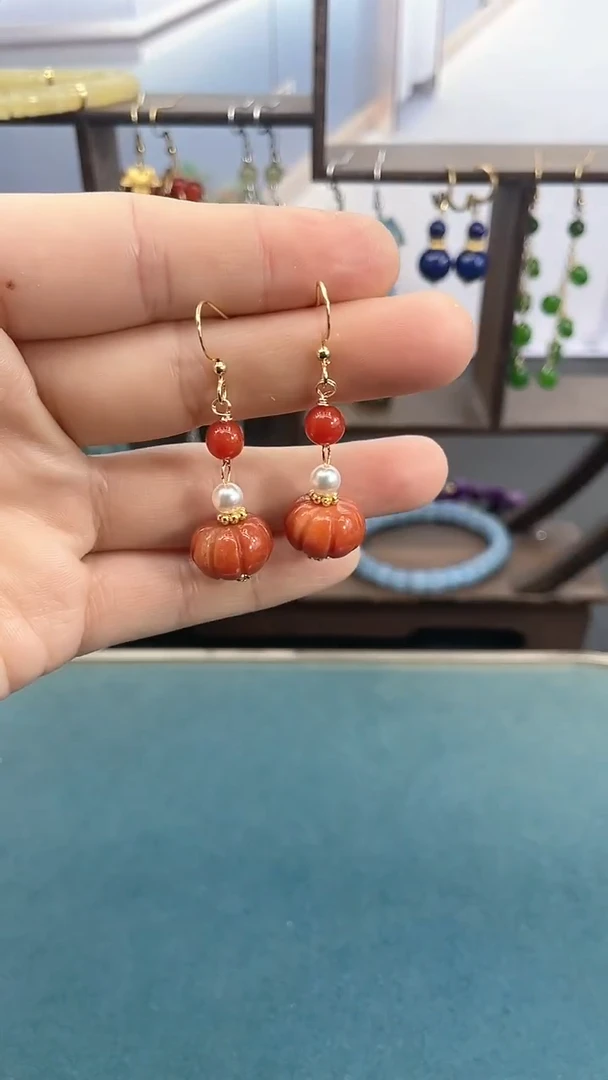 14K金镶嵌翡翠耳饰14mm红南瓜耳钩