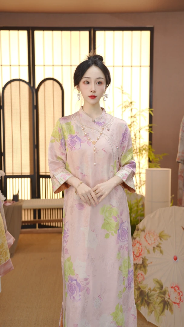 （粉格格）2025新中式改良中式斜襟春夏季女装宽松连衣裙FB2503301