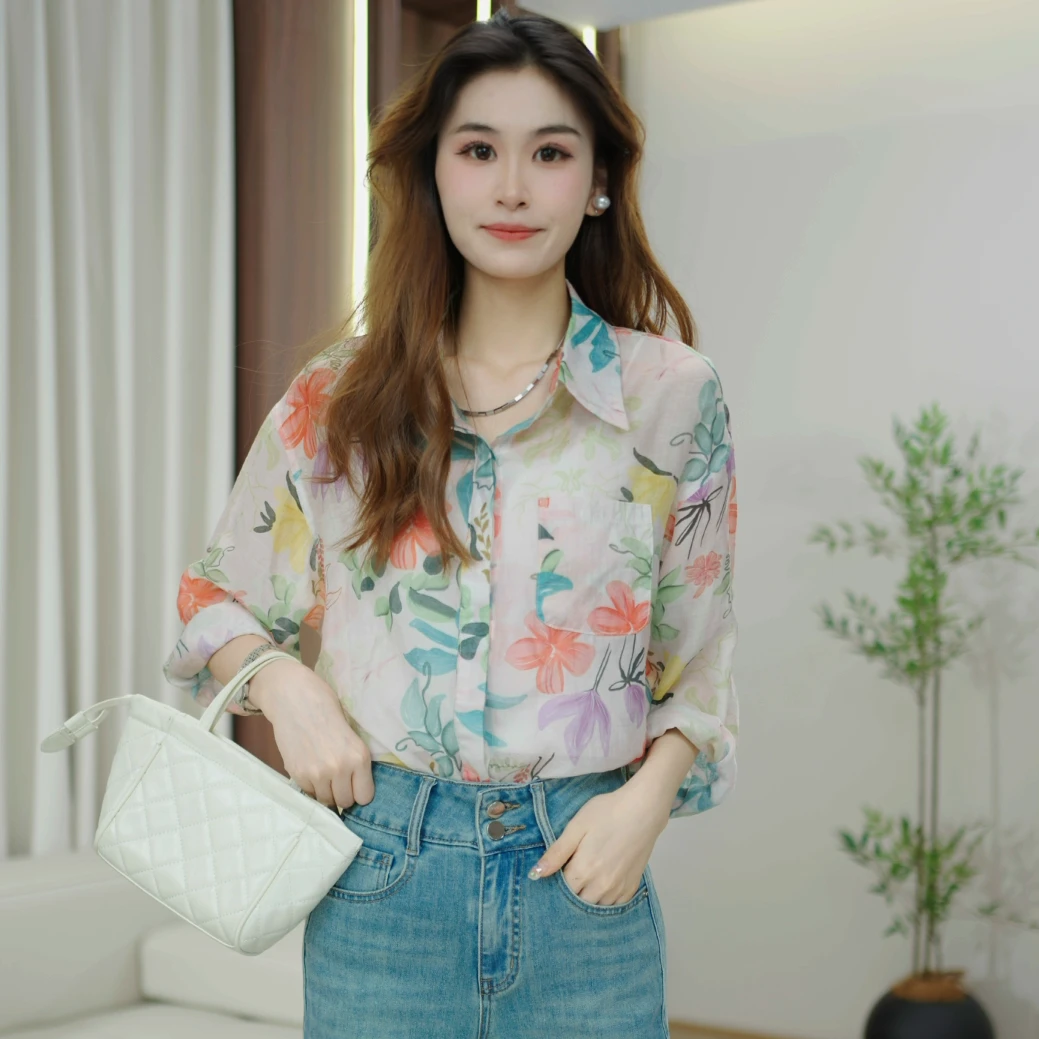 度假风衬衫女春夏设计感小众印花天丝衬衣设计感衬衫长袖女2609