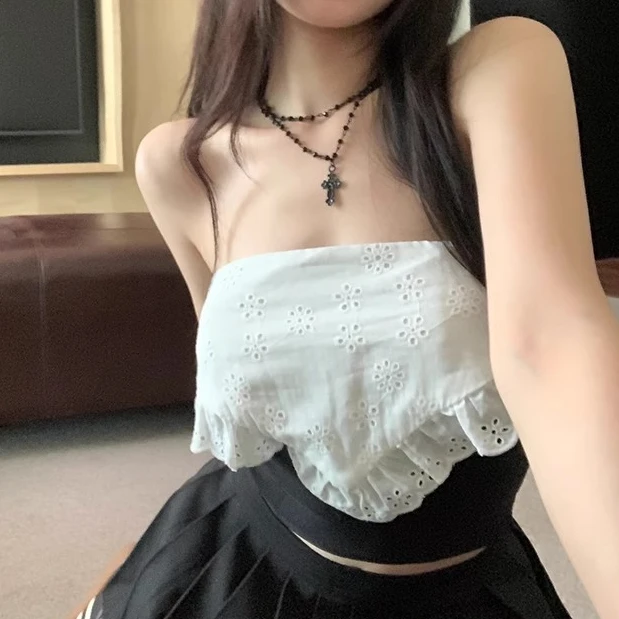 Jennie同款蕾丝拼接背心女夏设计感黑白撞色抹胸不规则辣妹风上衣
