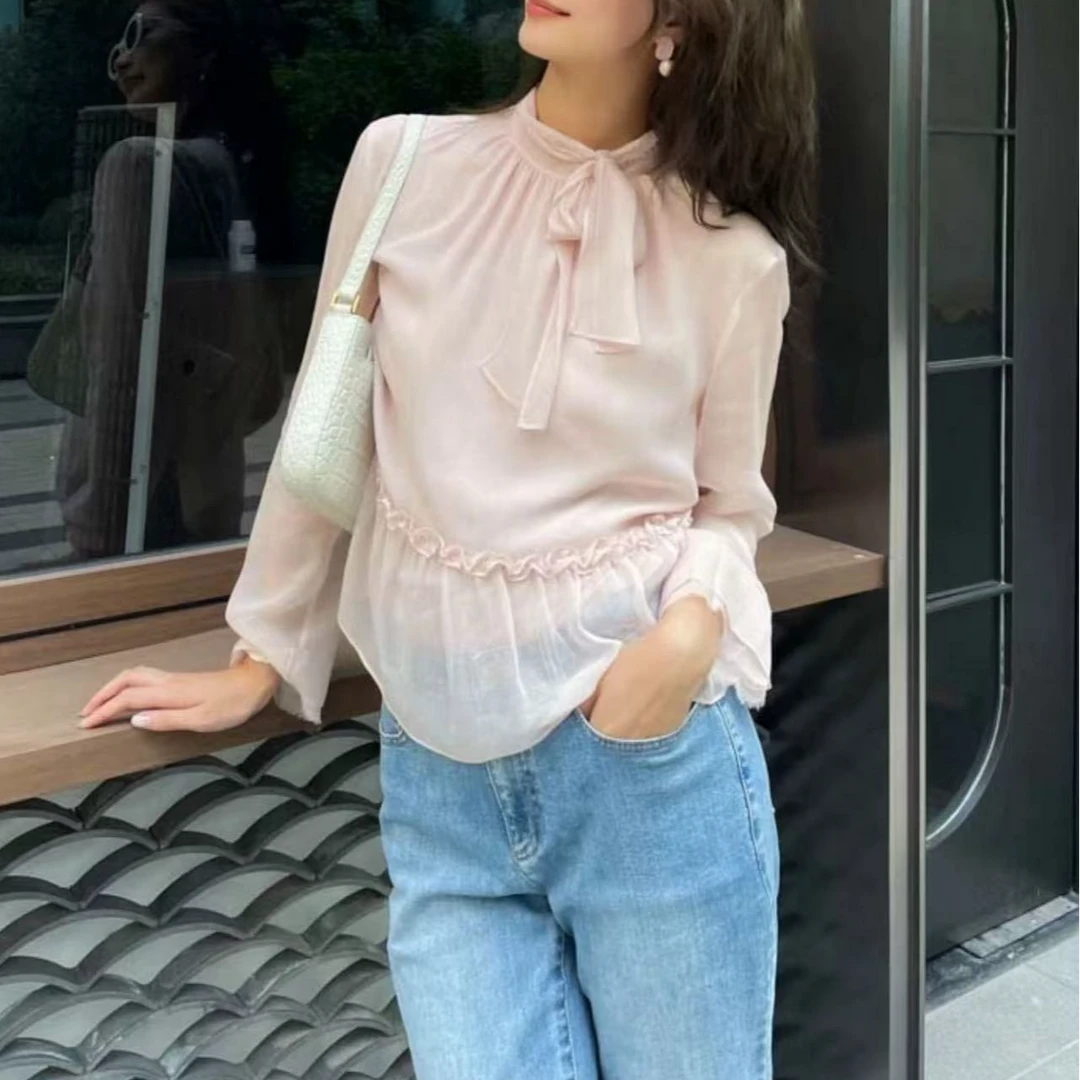 AMASS/阿玛施阿玛施AMASS新款宫廷风质感下摆拼接透纱衬衫5301012