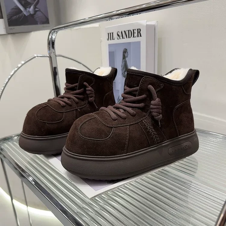 套筒交叉绑带时尚雪地靴厚款冬季保暖高帮胶粘休闲风