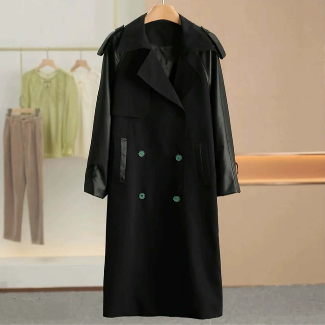 新款高端时尚PU拼接纯色气质中长款风衣YF621