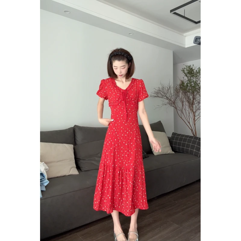 1175795-法式复古气质V领收腰显瘦碎花连衣裙女设计感时尚长裙女
