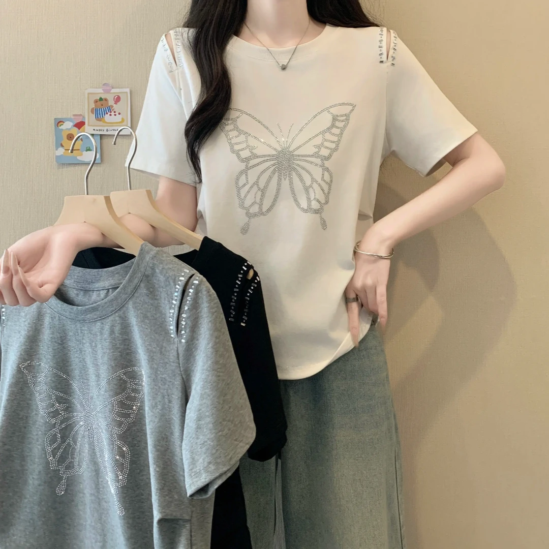 2025夏季显瘦正肩白色t恤女千金清冷感贵系露肩蝴蝶烫钻短袖t恤女