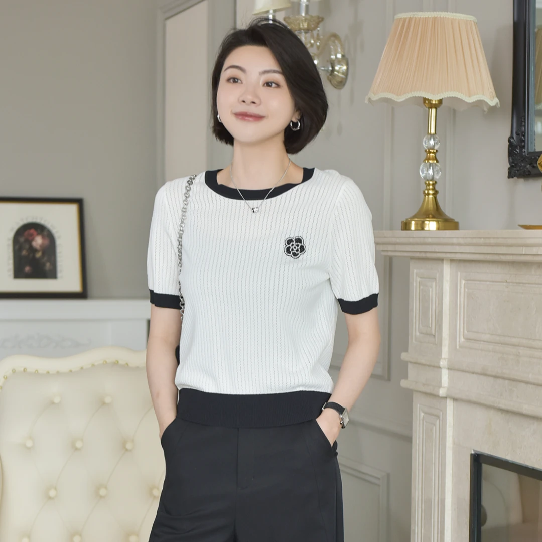 VEE【白山茶】【专属】25新品时尚百搭小香风撞色边短袖套头针织衫