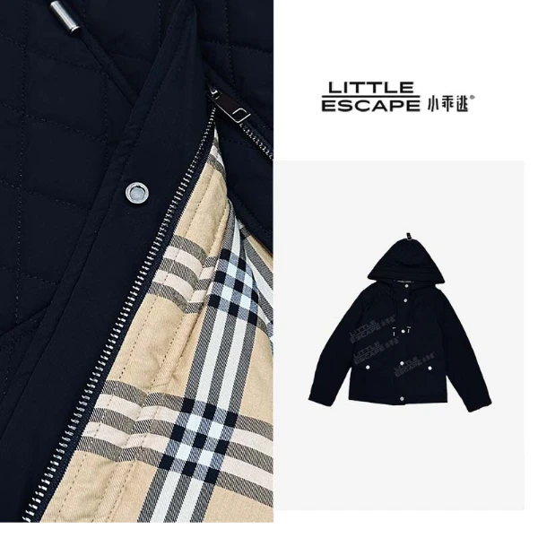 小乖逃双面穿！黑色外套撞帽子棉服格子巴家立体格子轻奢N95162