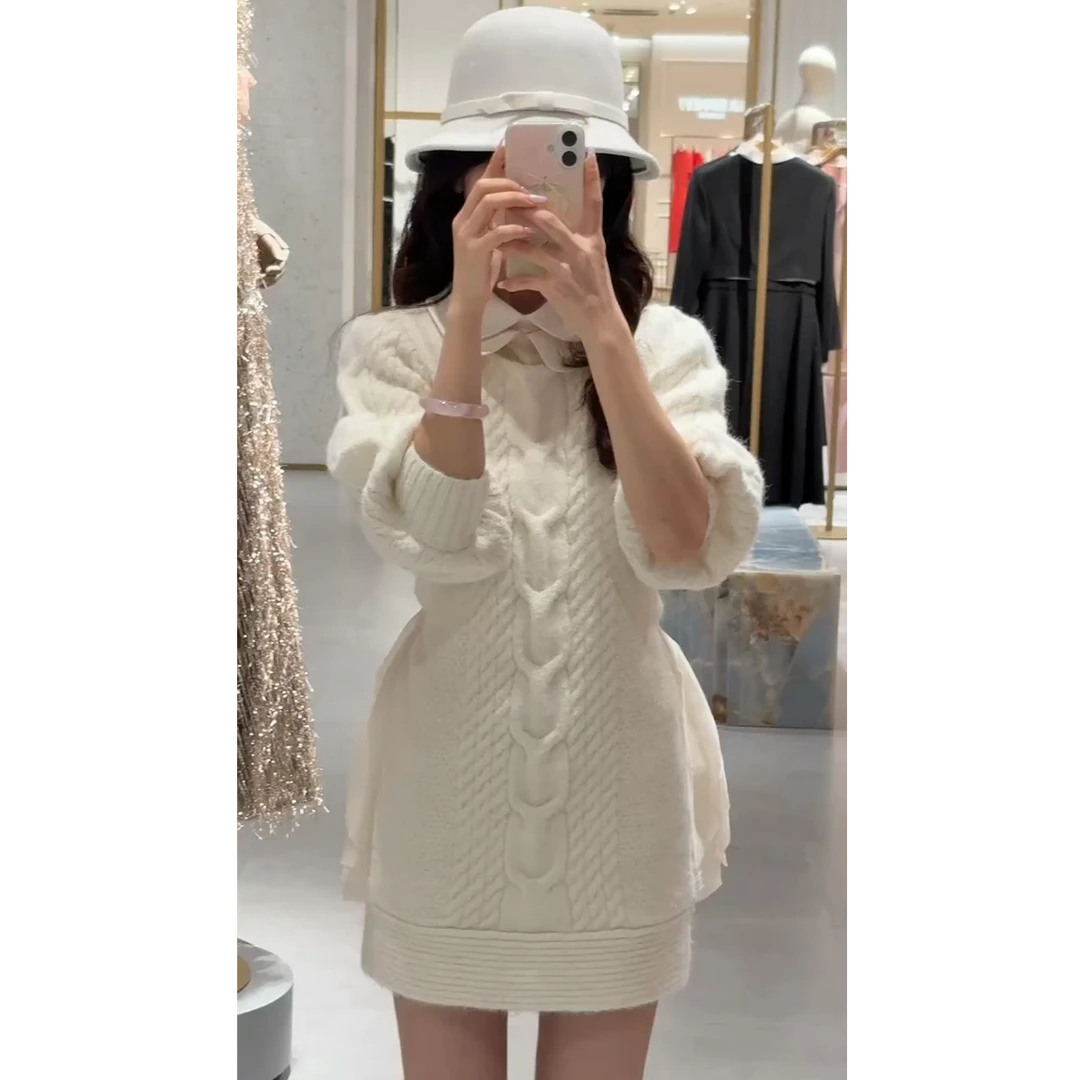 【翩舞光漪】 娃娃领网纱拼接针织连衣裙女2025春秋收腰显瘦礼服裙