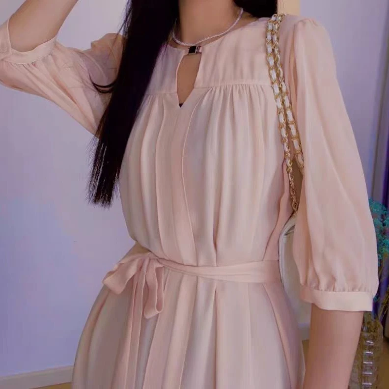 22姆米桑蚕丝鬼绉真丝中袖百搭连衣裙