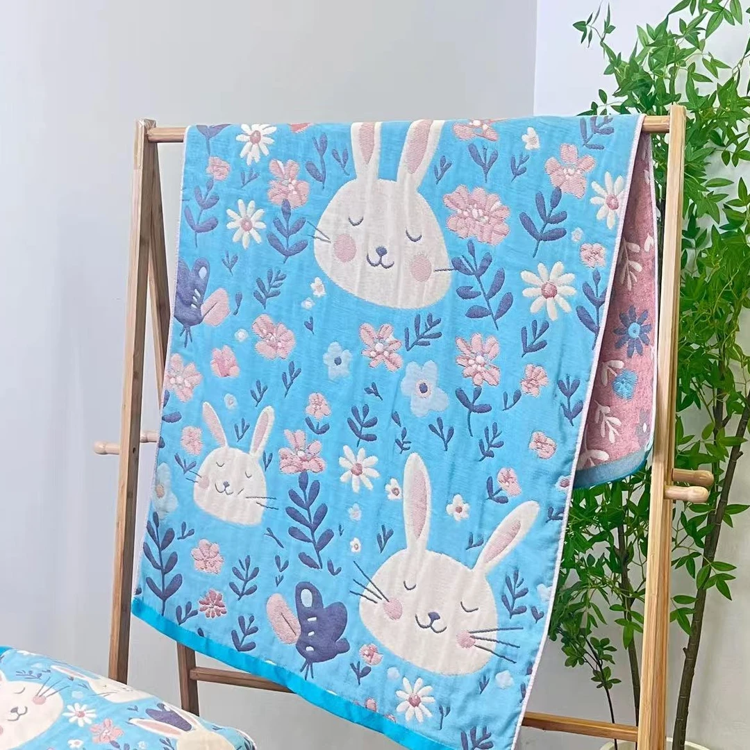 【花朵微笑兔】90*160多层全棉纱布多功能柔软亲肤家用洗澡-2