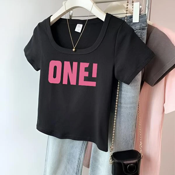 绝美正肩字母印花短袖T恤女夏季设计感小众辣妹修身收腰短款上衣