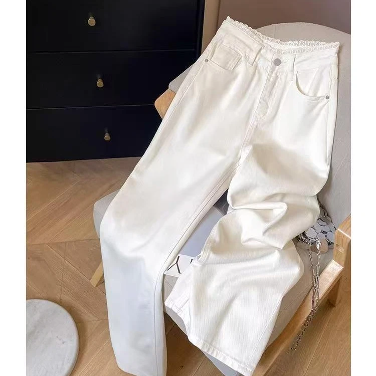 【现货送腰带+运费补贴5-8元】白色蕾丝腰带 牛仔裤显腿长窄版阔腿L