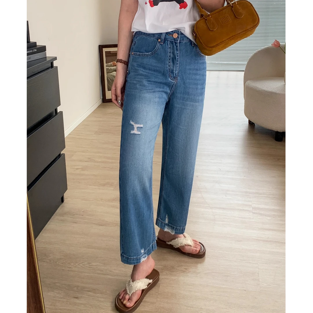 夏季薄款莱赛尔天丝破洞牛仔裤女梨形身材百搭高腰垂感阔腿九分裤