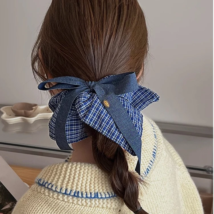 韩系蝴蝶结牛仔蓝色格子方巾大肠发圈女气质方形发饰头绳皮筋春季