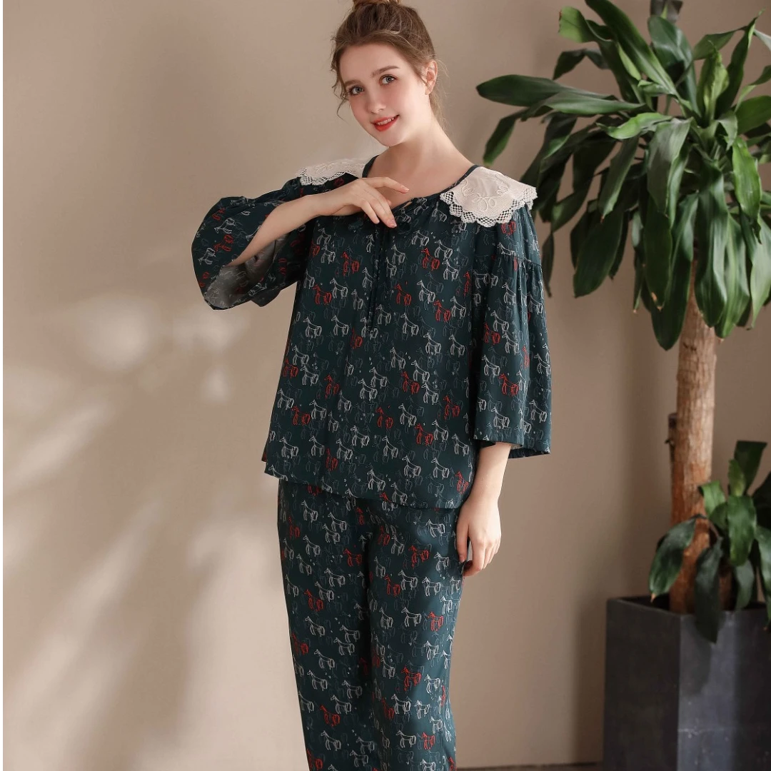 娃娃领睡衣休闲家居服套装上衣大码青年长袖透气宽松21116