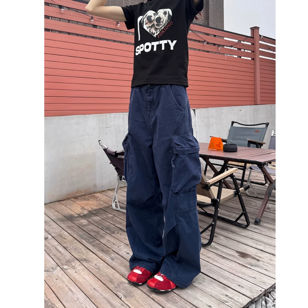 立体口袋法工蓝色工装裤女美式复古阔腿裤子休闲宽松设计感小众男