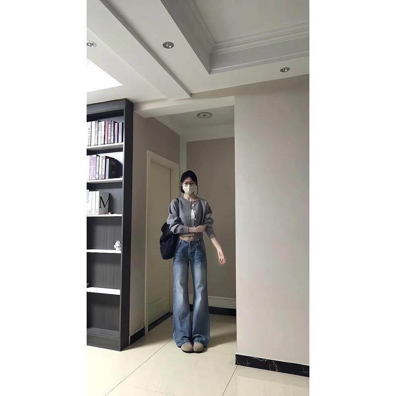 软糯潮流短款ins针织衫开衫慵懒风宽毛衣外套折痕牛仔裤阔腿裤子
