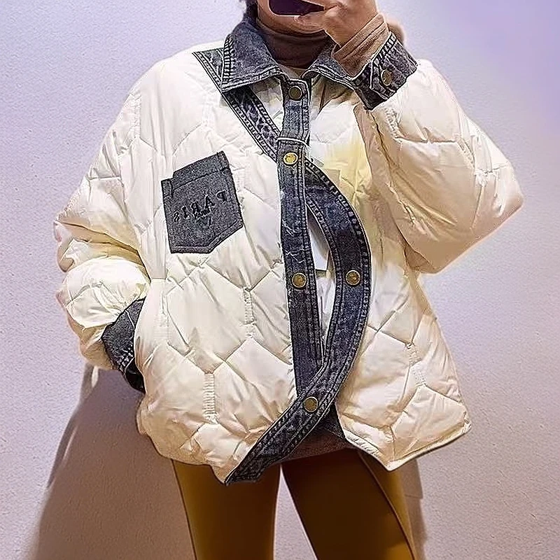 拼接牛仔翻领棉服外套女2024秋冬新款高级感宽松保暖短款夹