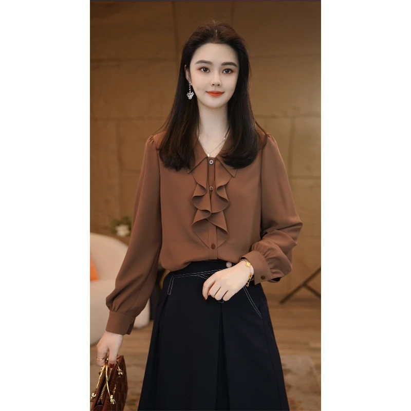 【婷婷甄选】流光风曼贝衬衫女士高级显瘦8591542A摩卡棕气质衬衣