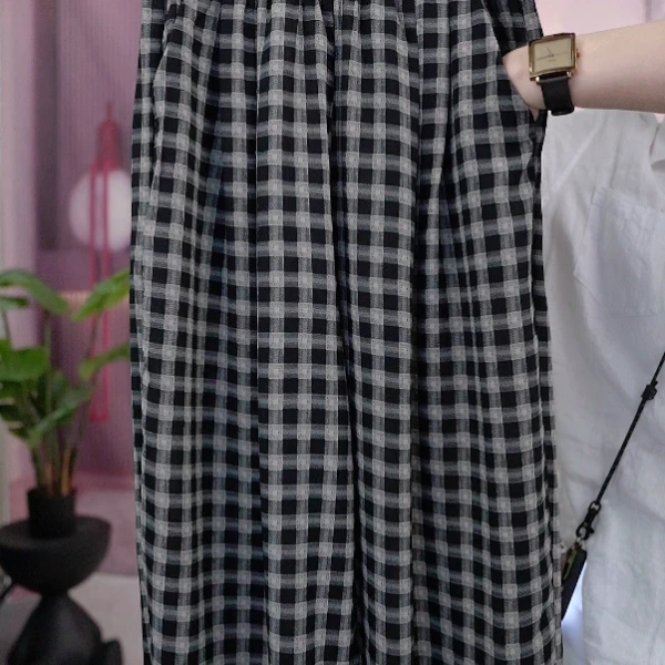 黑白格子阔腿裤新款小个子直筒宽松休闲裤子慵懒百搭格子裤长裤