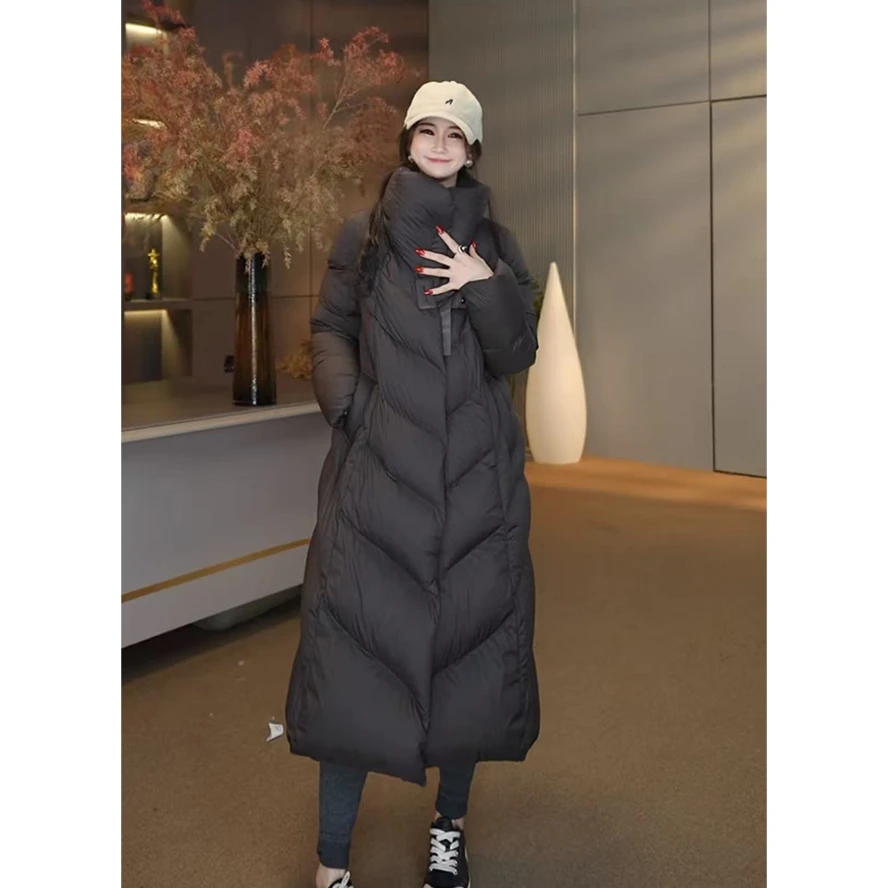【渣渣暖漾】鹅绒服秋冬轻暖菱格大翻领宽松过膝RJ008外套111cm670g