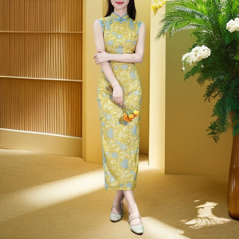 黄色2025新款夏季无袖高端优雅新中式日常国风连衣裙气质旗袍气质