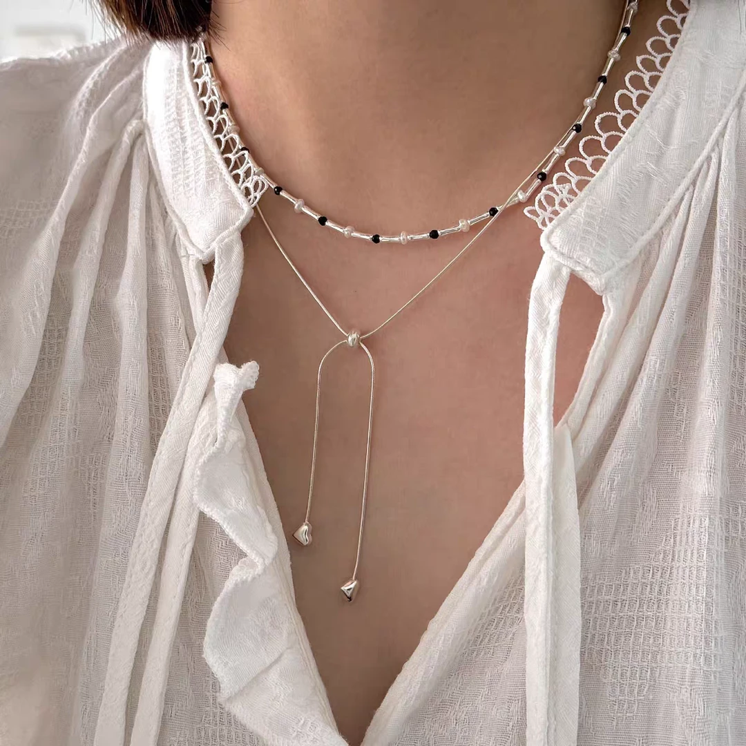 坠链均925银 十里间【纯银｜抽绳爱心】多种戴法s925抽拉串珠项链