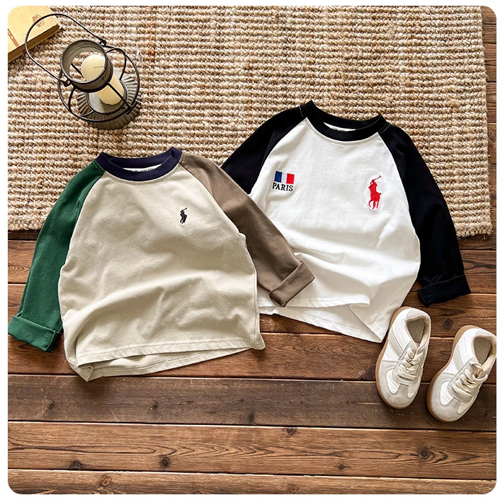 儿童纯棉打底衫新款男女童拼色插肩袖T恤宝宝磨毛长袖内搭洋气