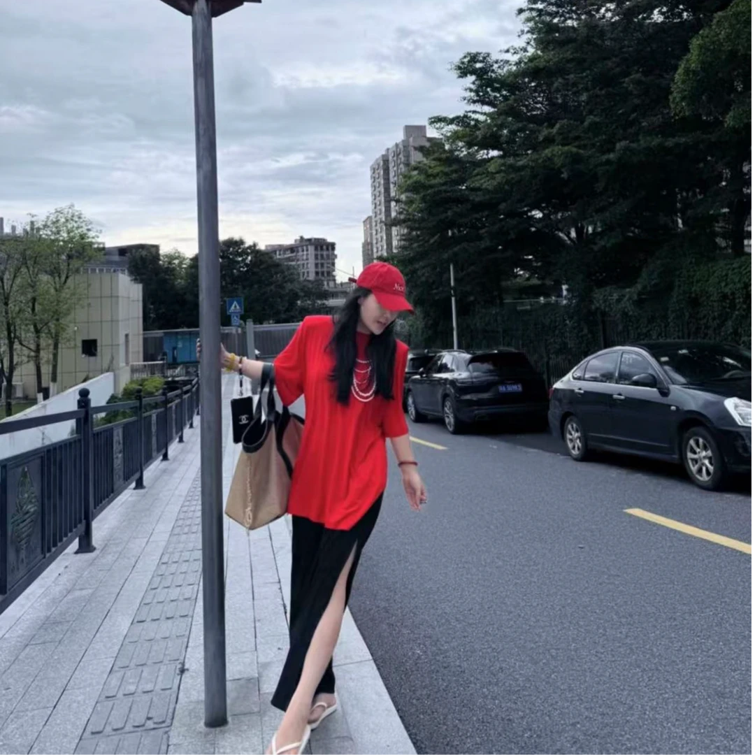 【宝儿姐优选】纯色显瘦开叉半身裙