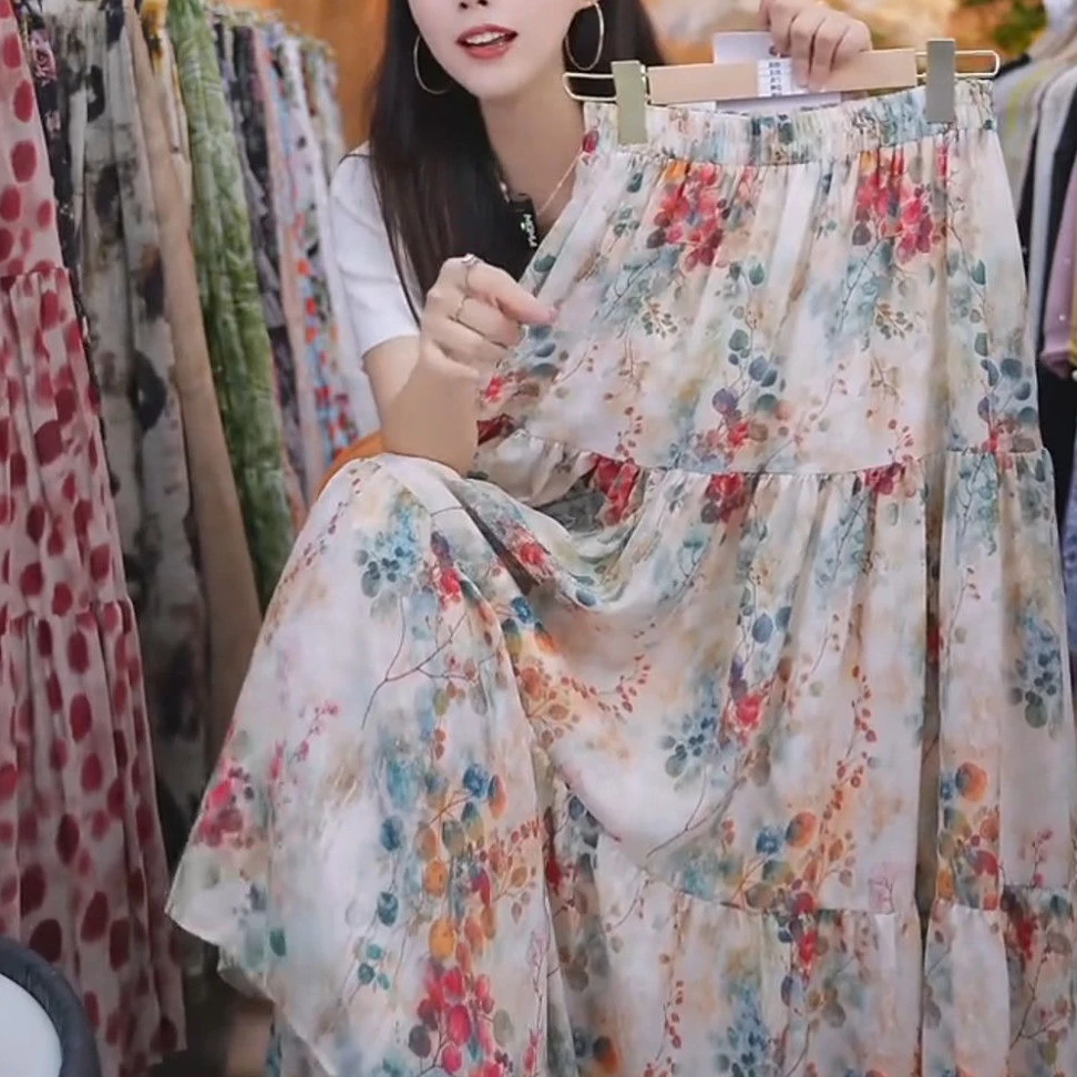 [工厂直销裙子] 爆款森女高级古着减龄梨形遮肚过膝印花半裙Q262