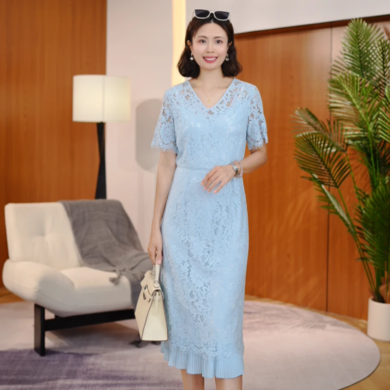 【南油虹姐】新款蕾丝V领优雅精致鱼尾裙摆高级感夏季显瘦连衣裙