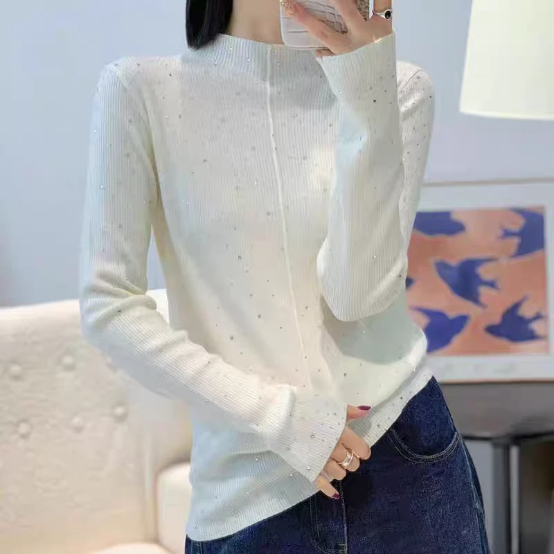 名媛家时尚精品欧货高版本半高领显瘦烫钻羊毛衫