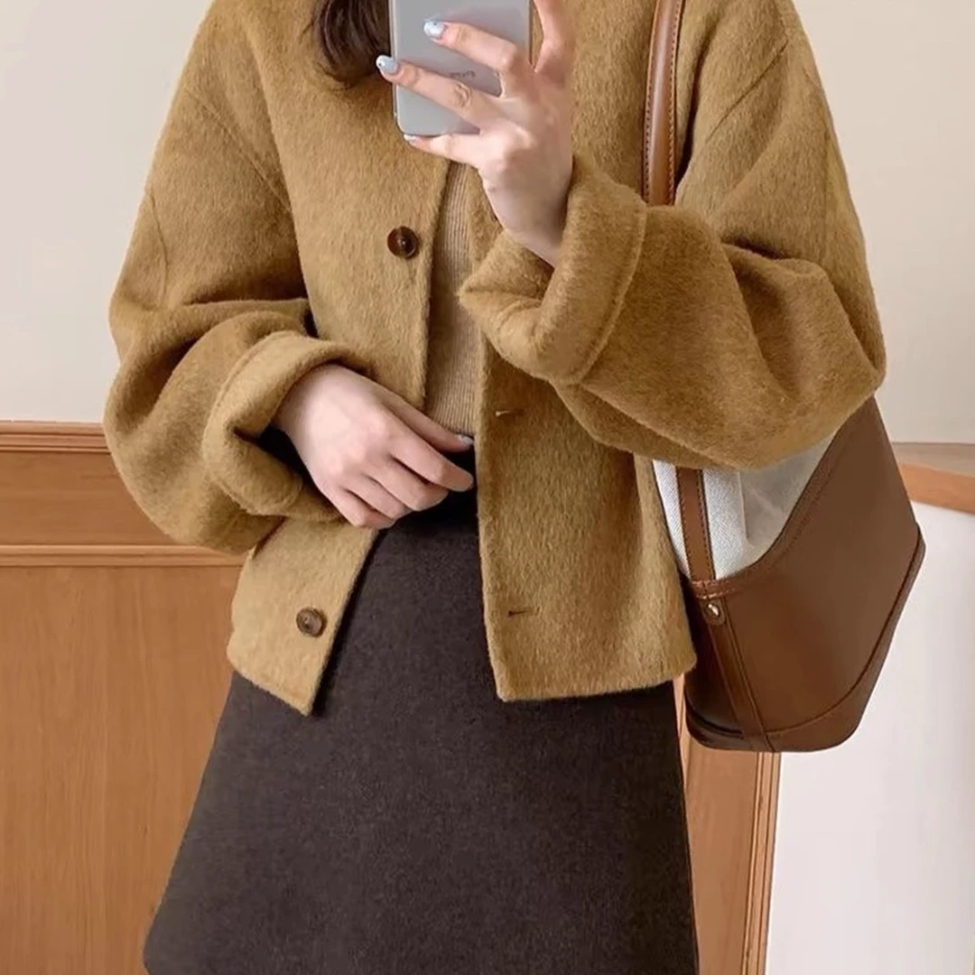 韩版小香风双面羊毛大衣女短款小个子2025年新款毛呢外套8087Y