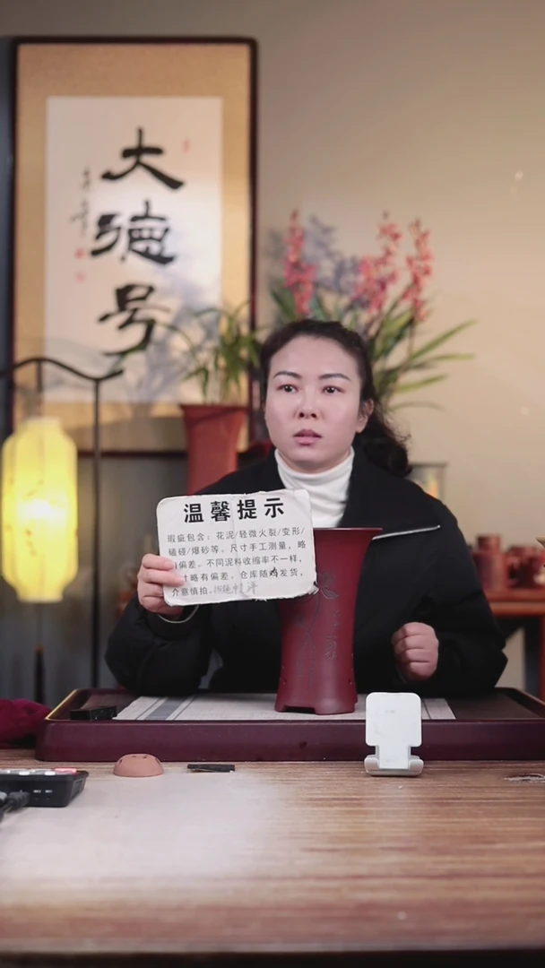 【闪购商品】紫砂花盆瑕疵胭脂红刻荷花喇叭一只带瑕疵色差托盘